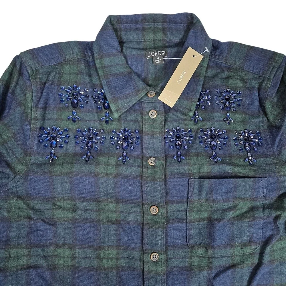J Crew Womens Plaid Flannel Shirt Blue Green Beaded Embellished Button‎ Down 10